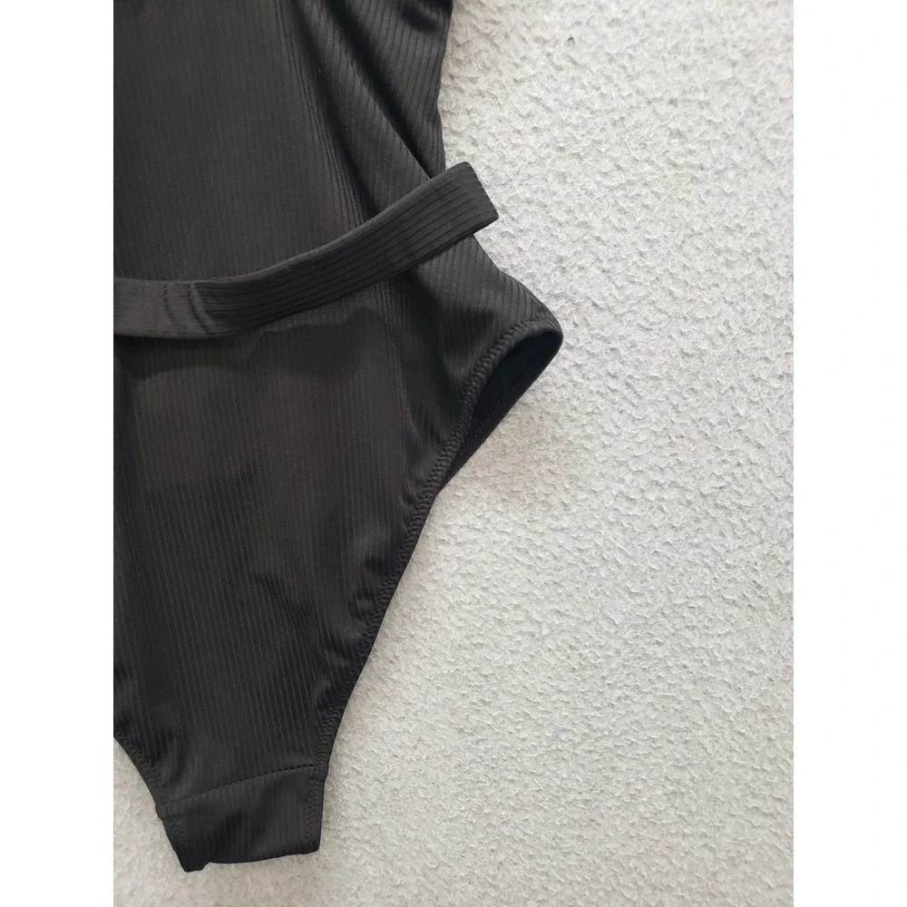 H&M Women Swimsuit S Black Belted Waist Gold Buckle Square Neck Summer Beach
